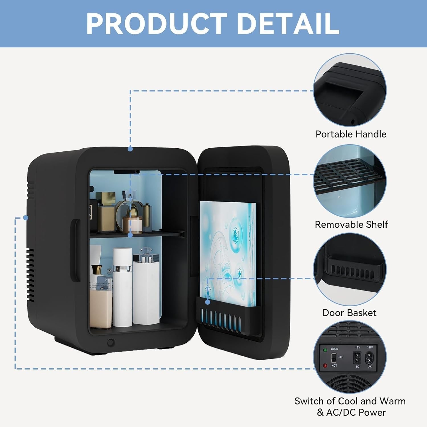 4L Portable Mini Skincare Fridge Cooler & Warmer LED Mirror AC/DC Black