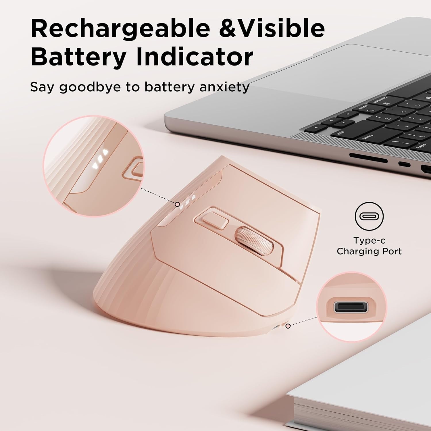 Vertical Wireless Ergonomic Mouse Bluetooth Rechargeable Pink