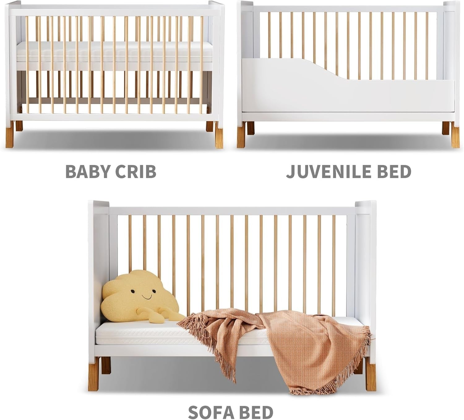 3in1 Wooden Baby Cot Bed with Mattress Convertible Crib Toddler Bed 120x60cm