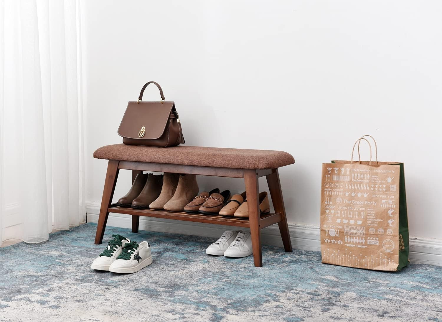 Wooden Entryway Shoe Bench with Cushion & 2-Tier Storage Rack 90cm Brown
