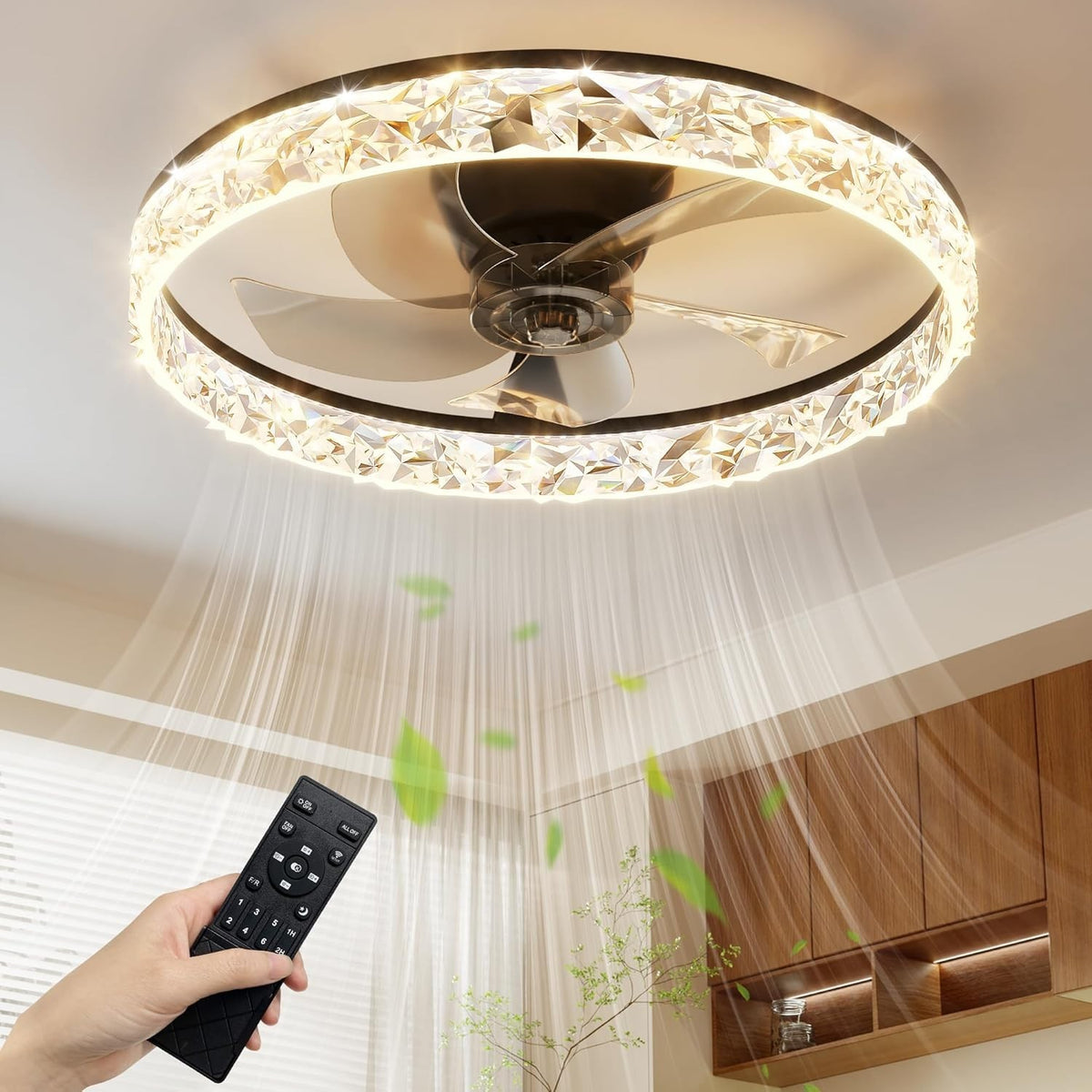 40CM LED Ceiling Fan Light, Remote & App Control, 6 Speeds, Black