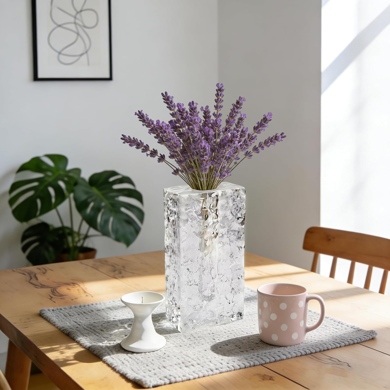 Tall Crystal Glass Vase Ice Texture Modern Rectangular Tabletop Home Decor