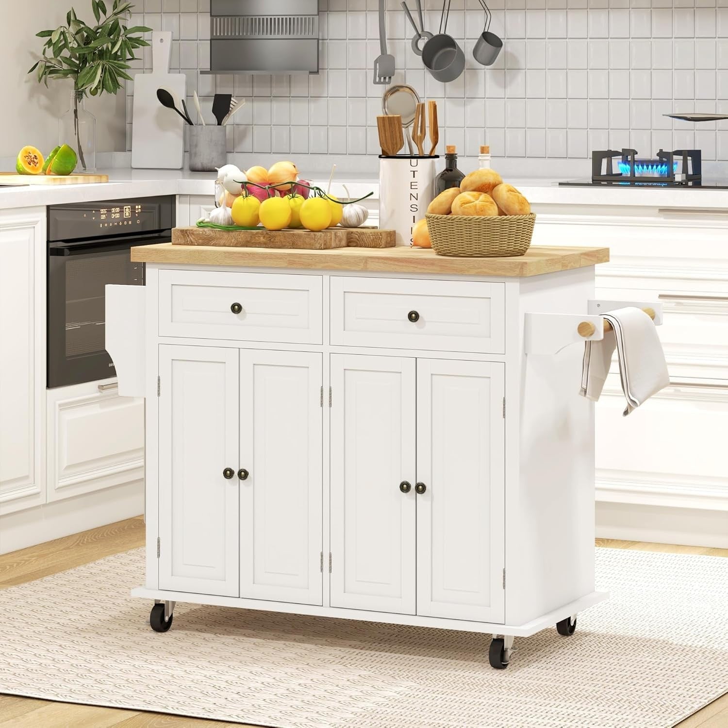 Rolling Kitchen Island Trolley with Drawers, Shelves & Rubber Wood Top 111x44cm