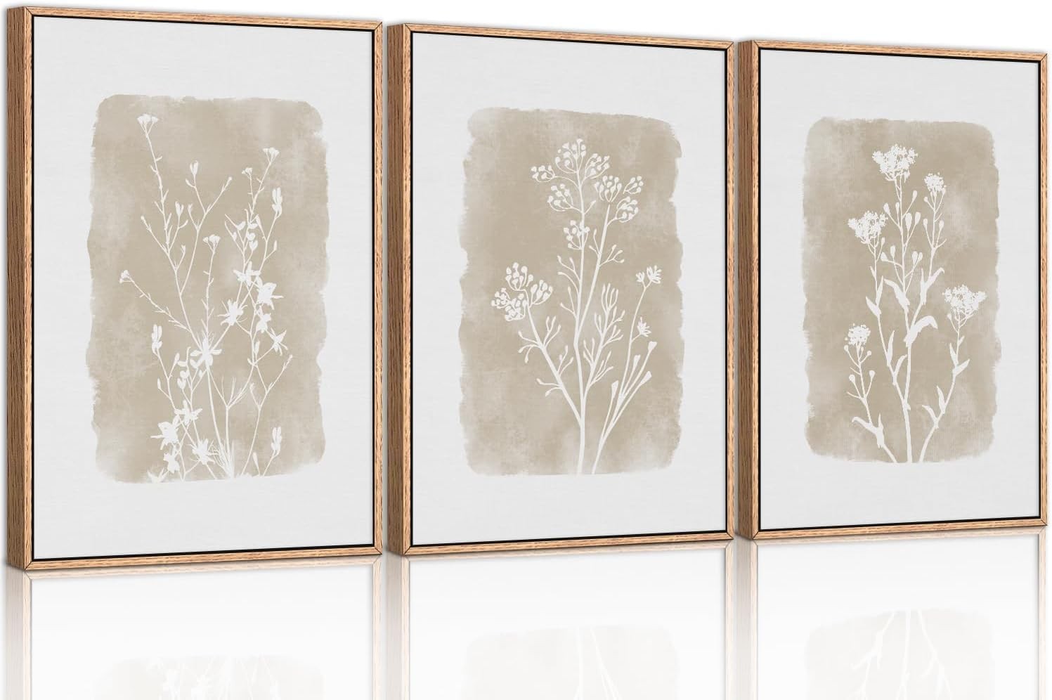 Botanical Farmhouse Framed Canvas Wall Art Set 3 Neutral Floral Home Decor