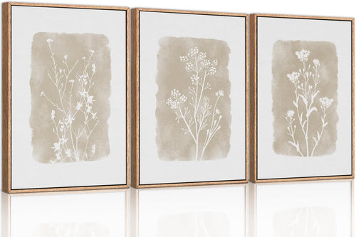 Botanical Farmhouse Framed Canvas Wall Art Set 3 Neutral Floral Home Decor