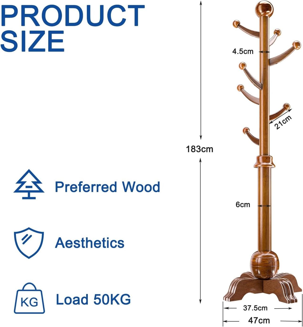 Solid Wood Free Standing Coat Rack | 7 Hook Hall Tree Organizer Stand