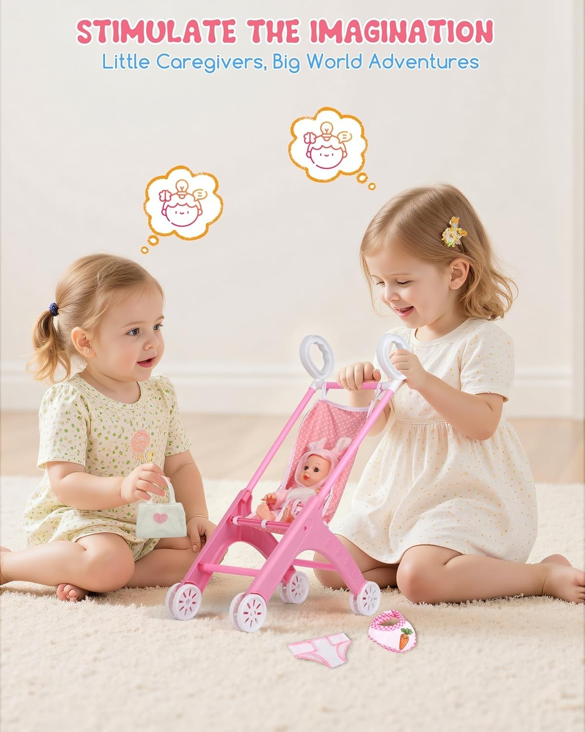 Baby Doll Pram Set Stroller 10pc Accessories Role Play Toy Girls