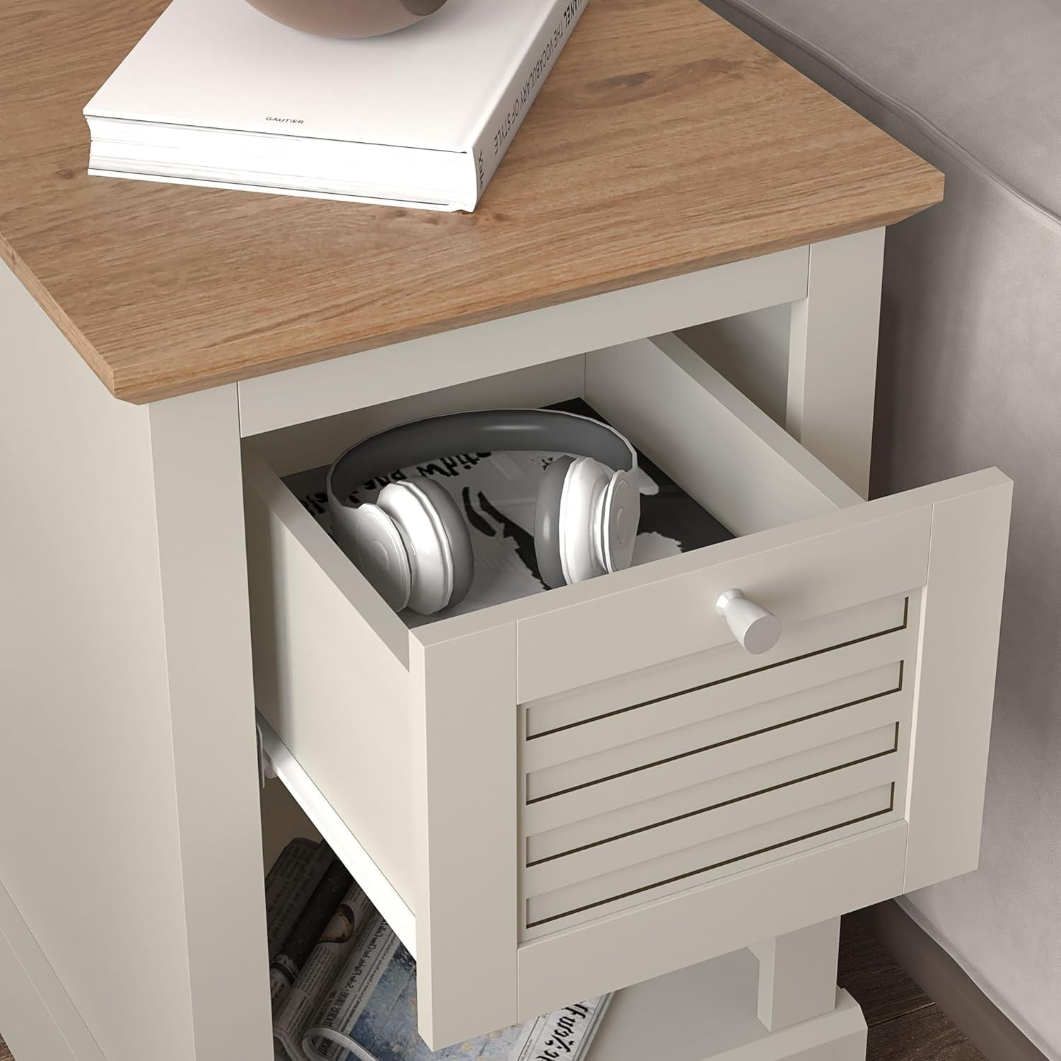 Light Grey & Oak Bedside Table | Modern Nightstand with Drawer