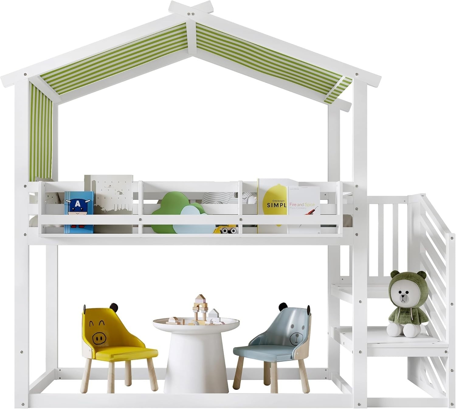 Kids Bunk Bed with Bookshelf & Stairs, Canopy Frame, No Mattress