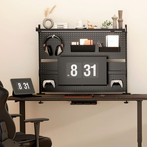 Clamp-On Desk Pegboard w/ Dual Monitor Stand RGB Steel Organizer Black
