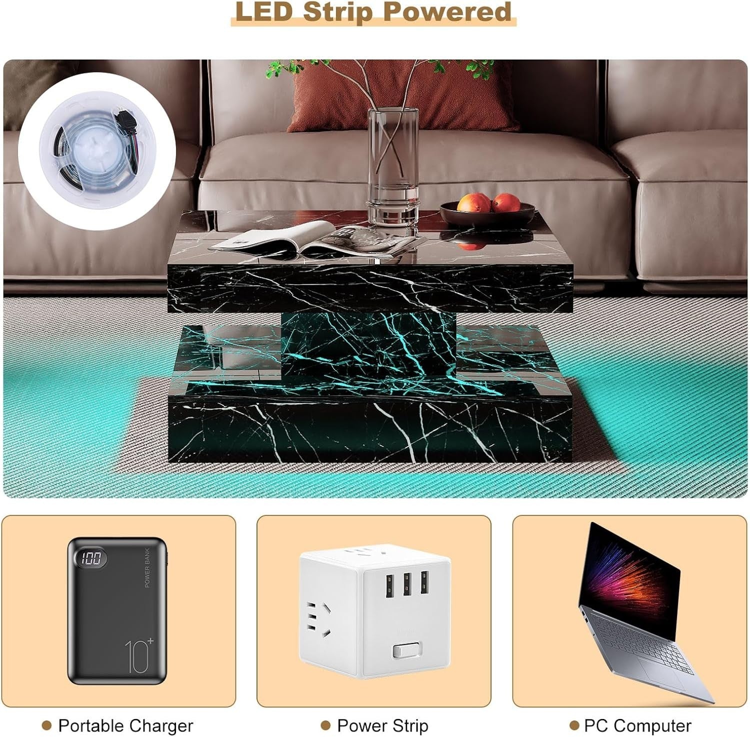 Black Marble LED Coffee Table with Storage, 2-Tier Square 78x78cm