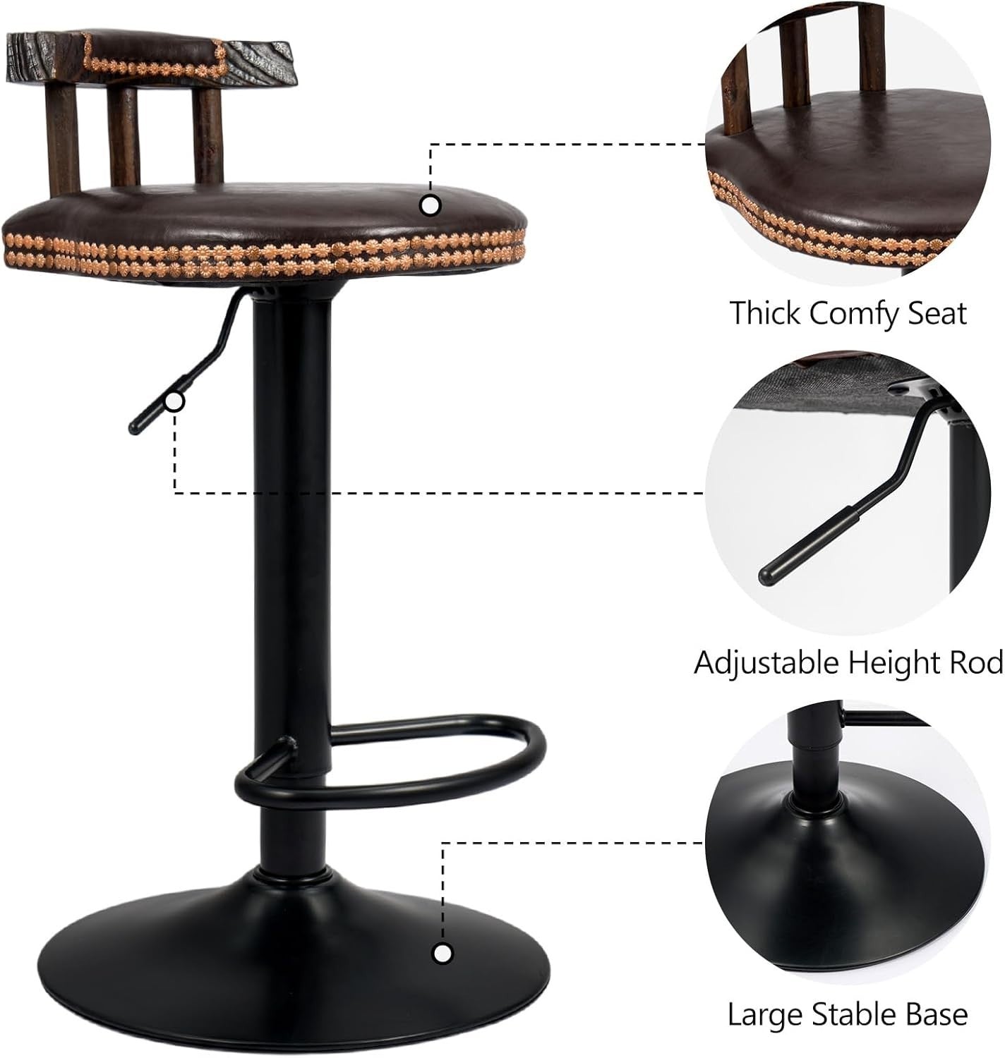 Vintage Adjustable Swivel Bar Stool – Dark Brown Kitchen Counter Chair