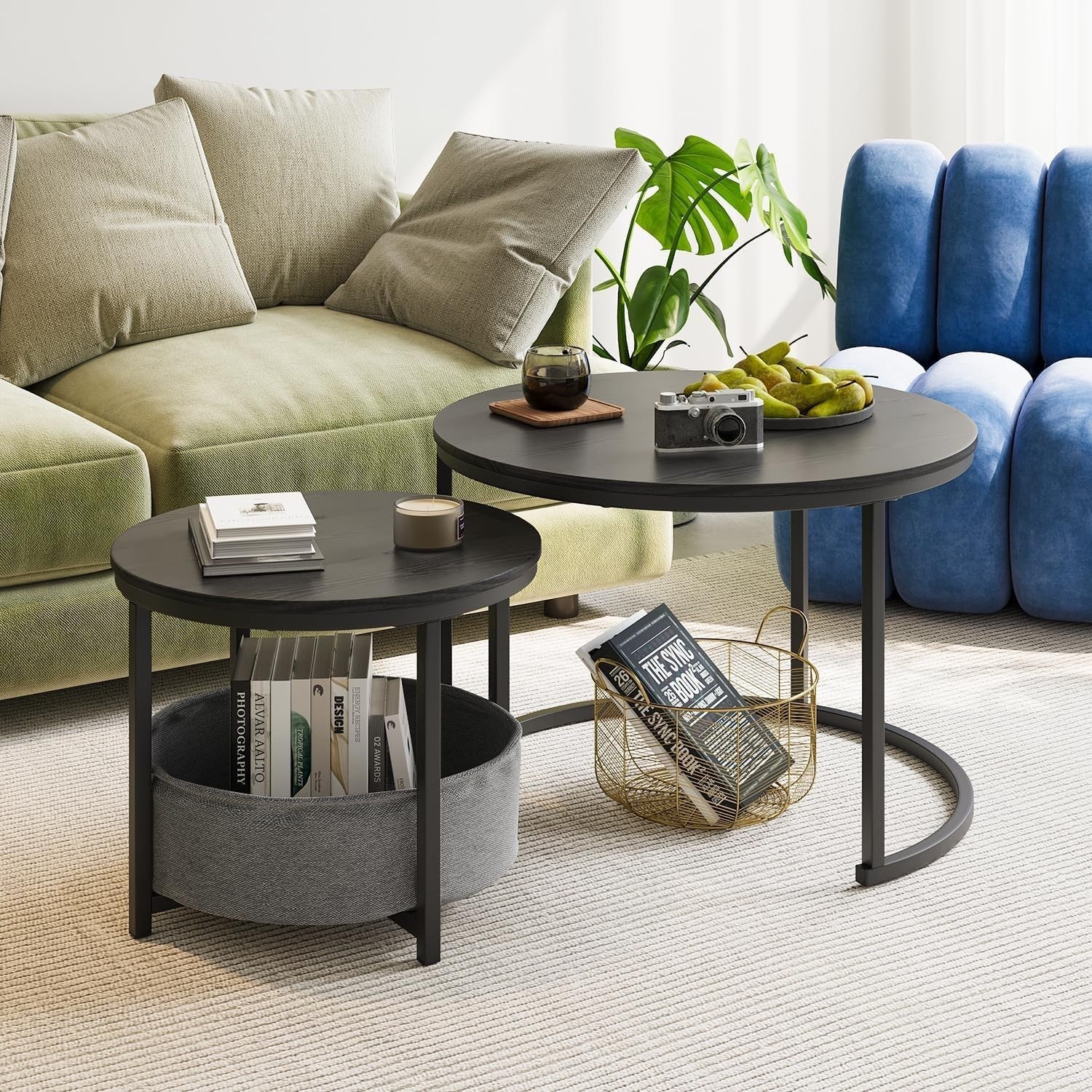 Nesting Coffee Table Set Black Round Side End Tables Modern Metal Frame (77 Char