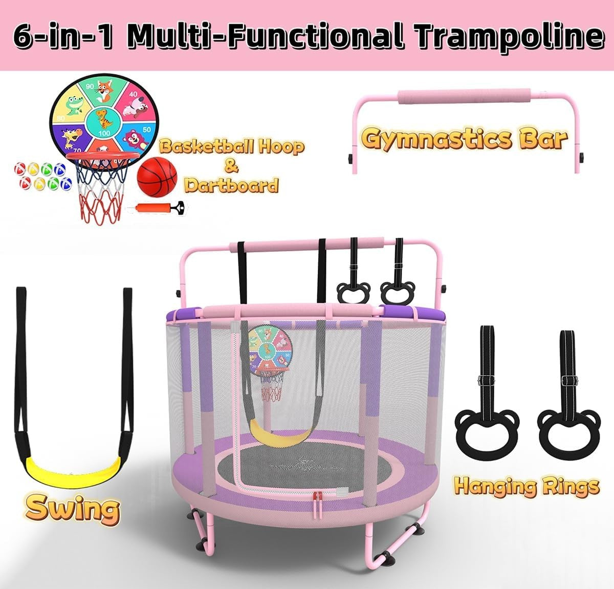 Kids Outdoor Trampoline 150cm with Safety Net Playset Basketball Swing