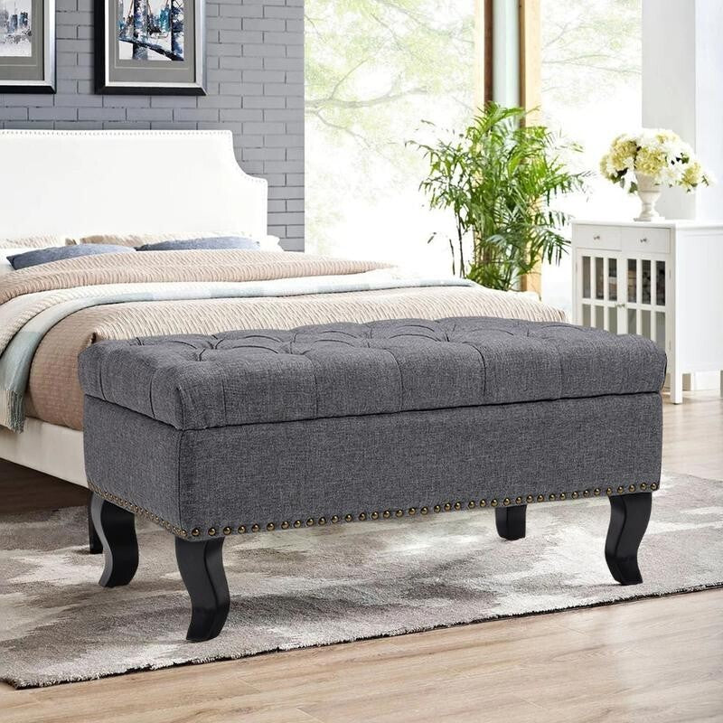 Grey Linen Ottoman Bench 2-Seater Tufted Entryway Seat with Storage