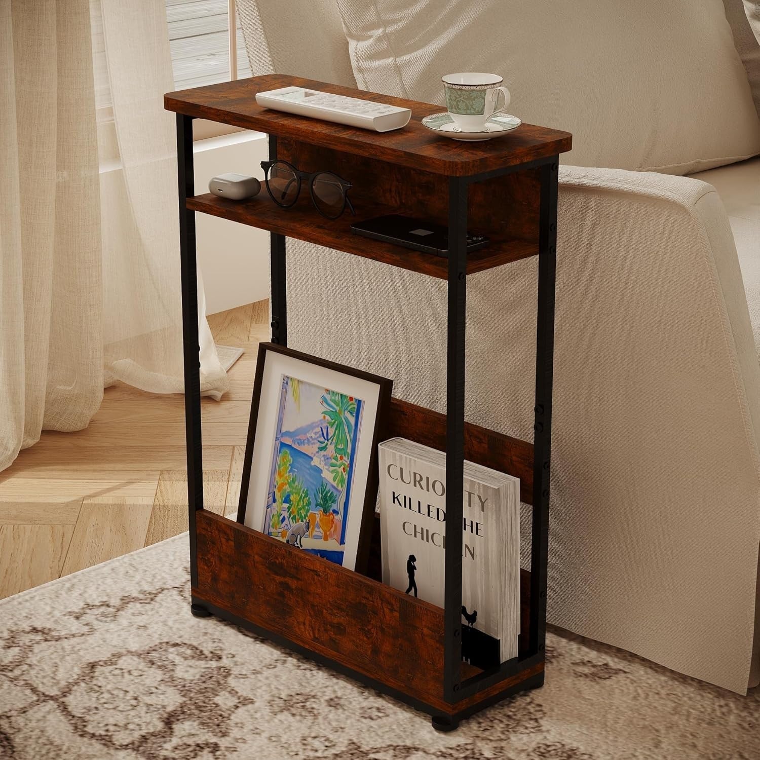 Narrow Side Table with Storage Shelf, 3-Tier Slim Nightstand for Small Spaces, 4