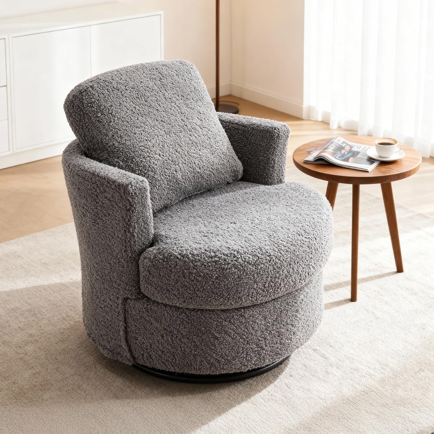 Grey Teddy Swivel Cuddle Chair Boucle Armchair with Storage