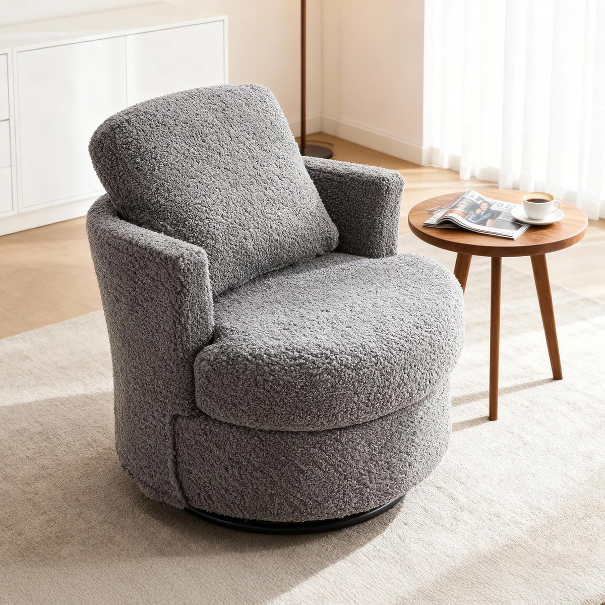 Grey Teddy Swivel Cuddle Chair Boucle Armchair with Storage