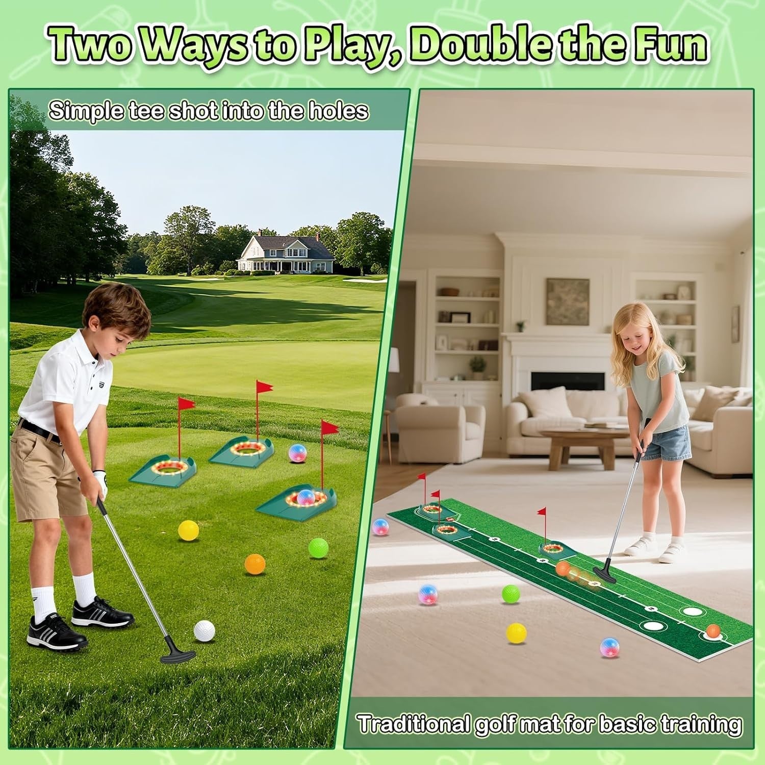 Kids Golf Putting Set Light Up Mat Indoor Outdoor Golf Game w Balls