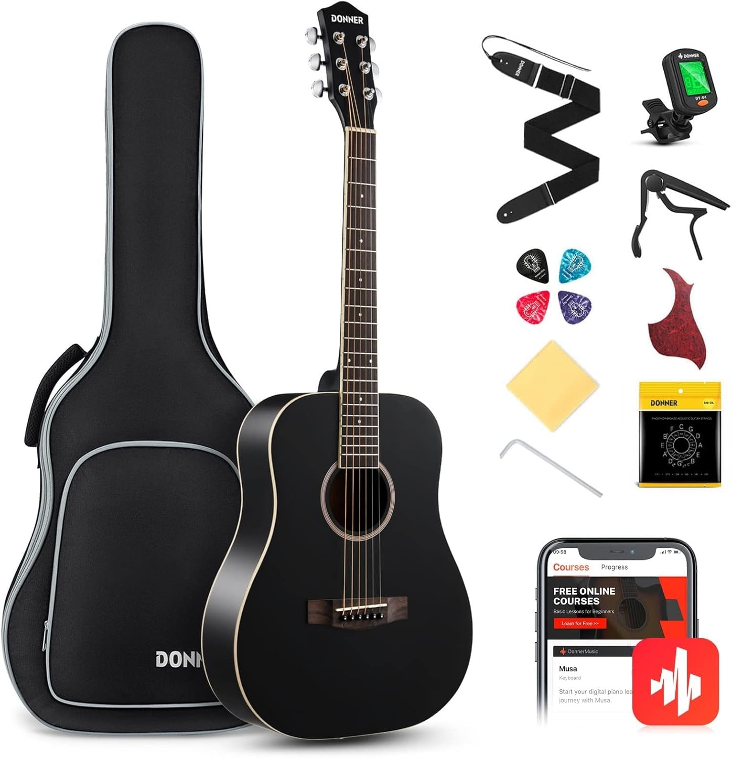 36in 3/4 Dreadnought Acoustic Guitar Starter Bundle Black