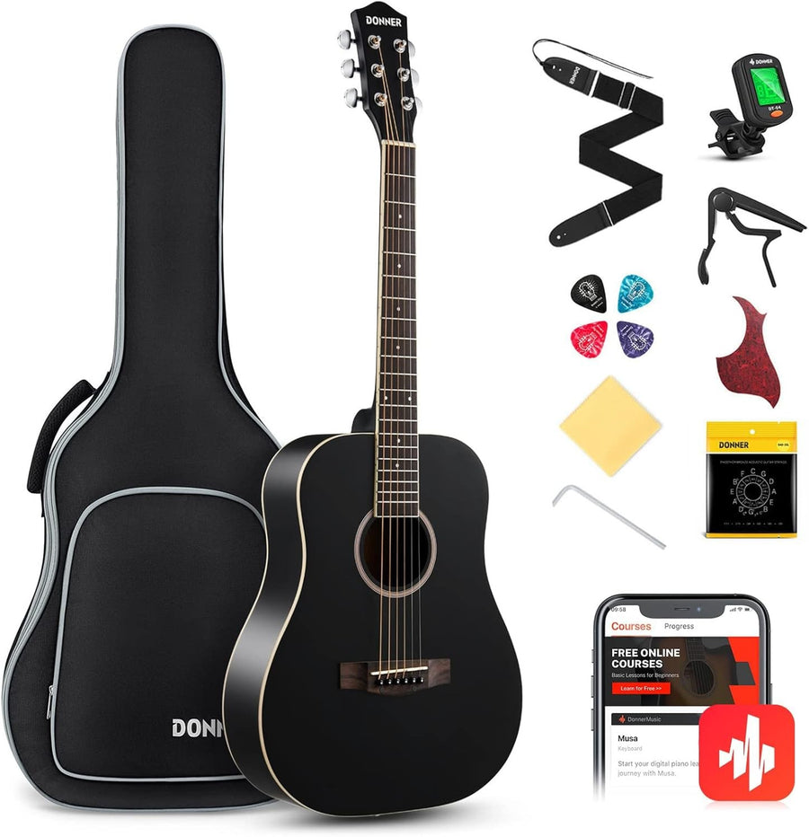 36in 3/4 Dreadnought Acoustic Guitar Starter Bundle Black