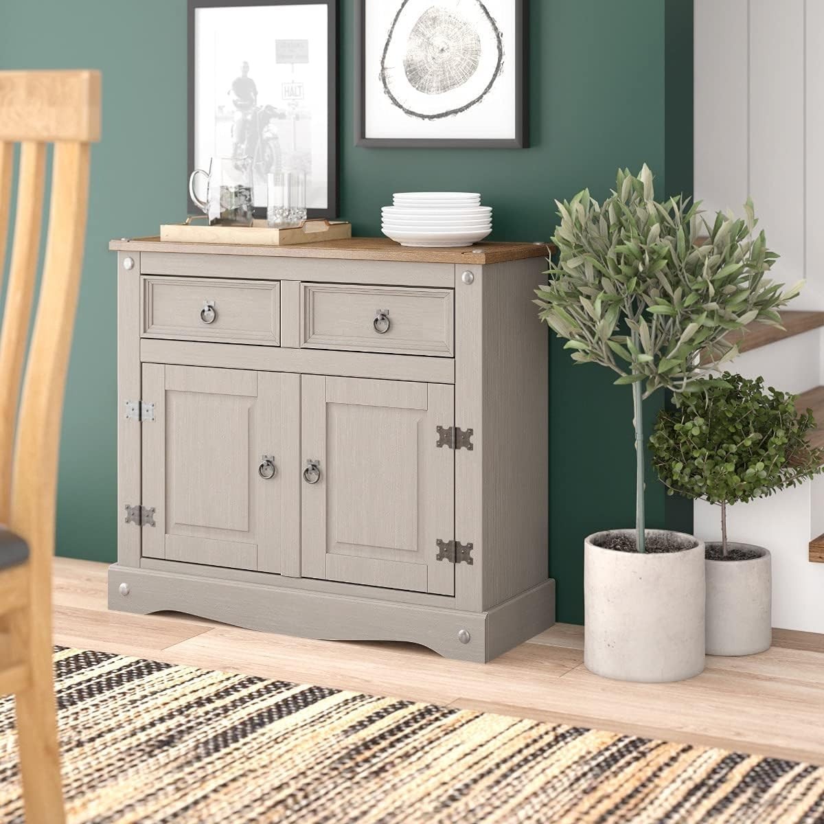 Rustic Grey Pine Sideboard Cabinet with 2 Drawers & Doors Storage Cupboard