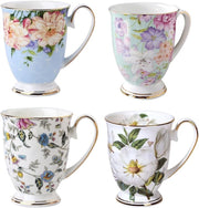 Floral Bone China Mug Set 4 Piece Coffee Tea Cups 11oz Gift Set