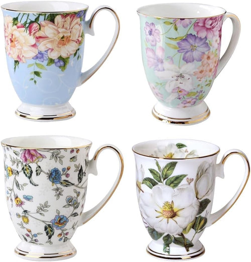 Floral Bone China Mug Set 4 Piece Coffee Tea Cups 11oz Gift Set
