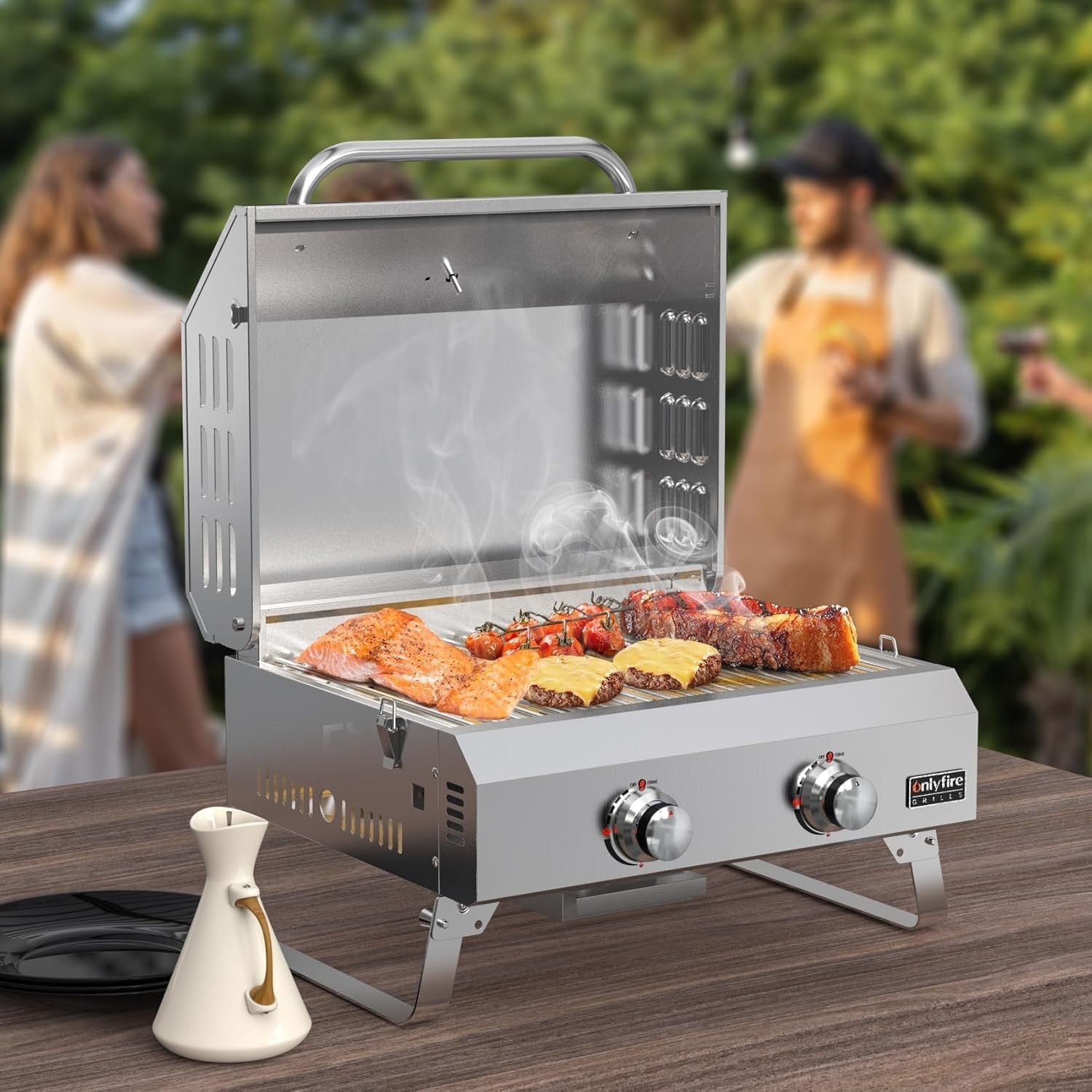 Portable 2 Burner Gas BBQ Grill Tabletop Stainless Steel Outdoor Camping Cooker