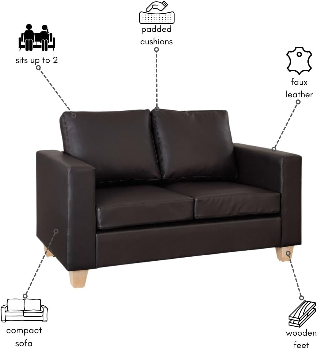 2 Seater Faux Leather Sofa Brown | Compact Couch | Minimal Assembly