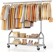 Silver Heavy Duty 252KG Clothes Rail With Shelves & Wheels