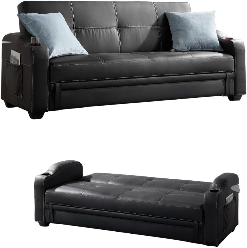 Black Faux Leather Sofa Bed 3 Seater With Storage Cupholders Modern