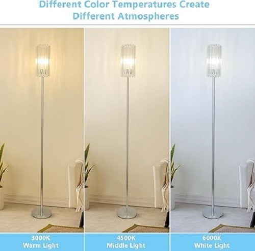 Modern Crystal Floor Lamp Chrome Glass Shade Tall Standing Light Living Room