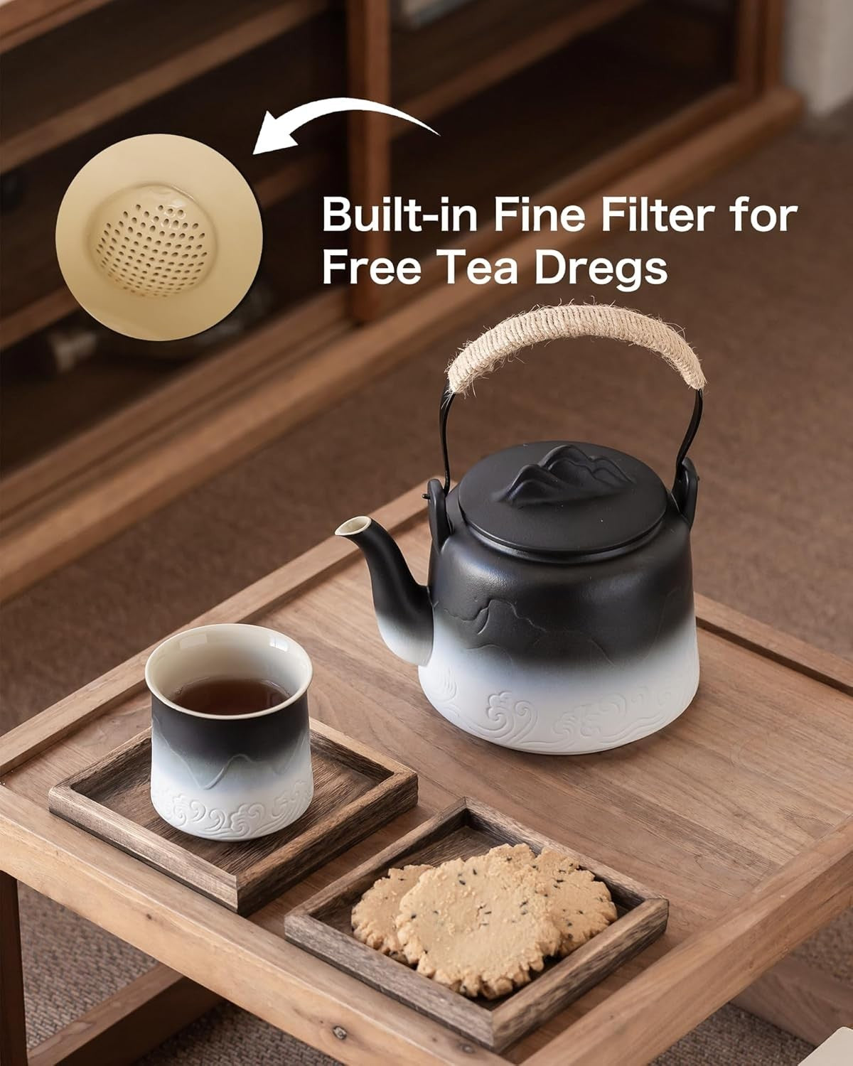 Japanese Ceramic Teapot 1000ml Loose Leaf Tea Pot Infuser Black White