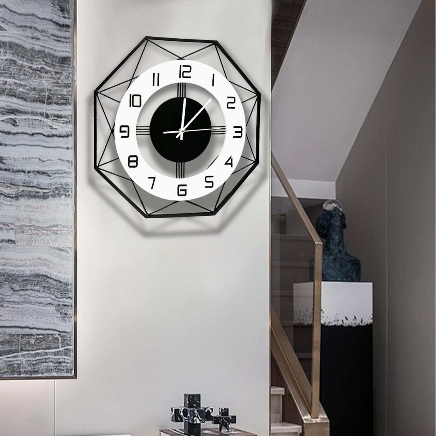 27.5" Silent Wall Clock Black White Modern Large Metal Office Decor