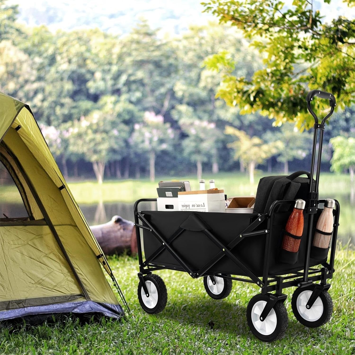 Black Folding Trolley Cart Collapsible Garden Wagon w/ Adjustable Handle & Bag