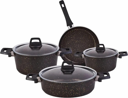 7pcs BlackGold Granite Non Stick Induction Cookware Set With Lid PFOA Free