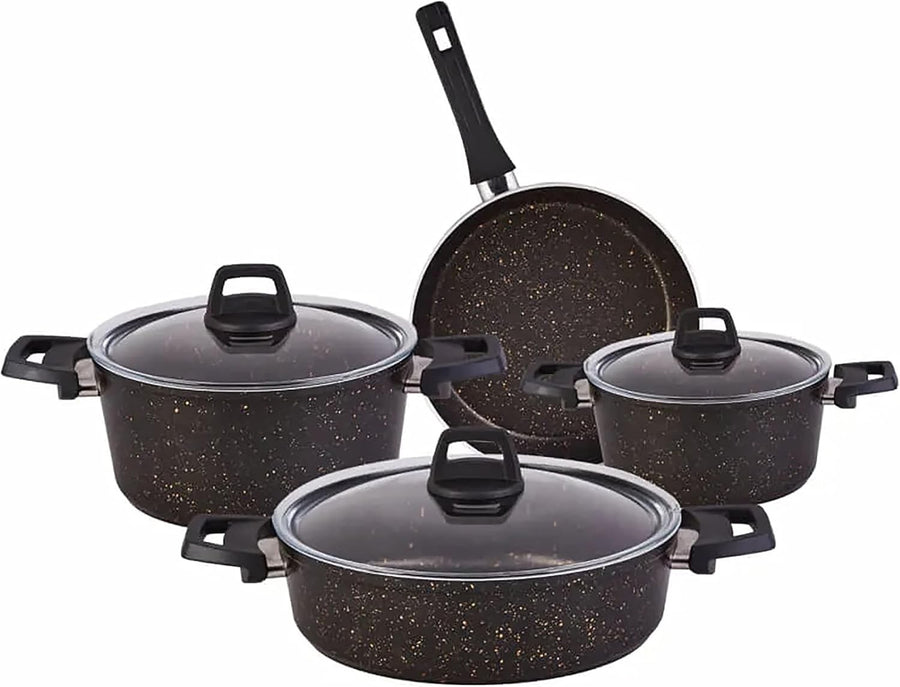 7pcs BlackGold Granite Non Stick Induction Cookware Set With Lid PFOA Free