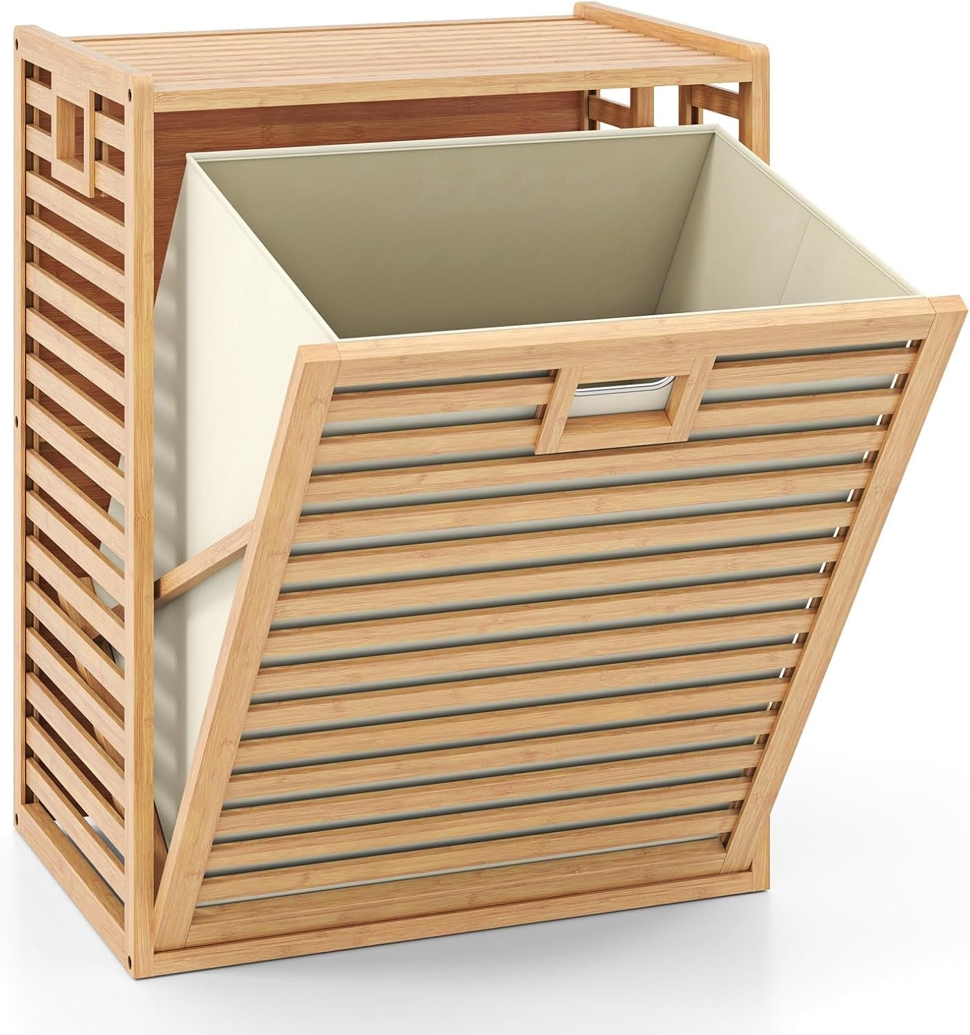 Bamboo Laundry Basket Cabinet Tilt Out Hamper with Liner Bag Natural