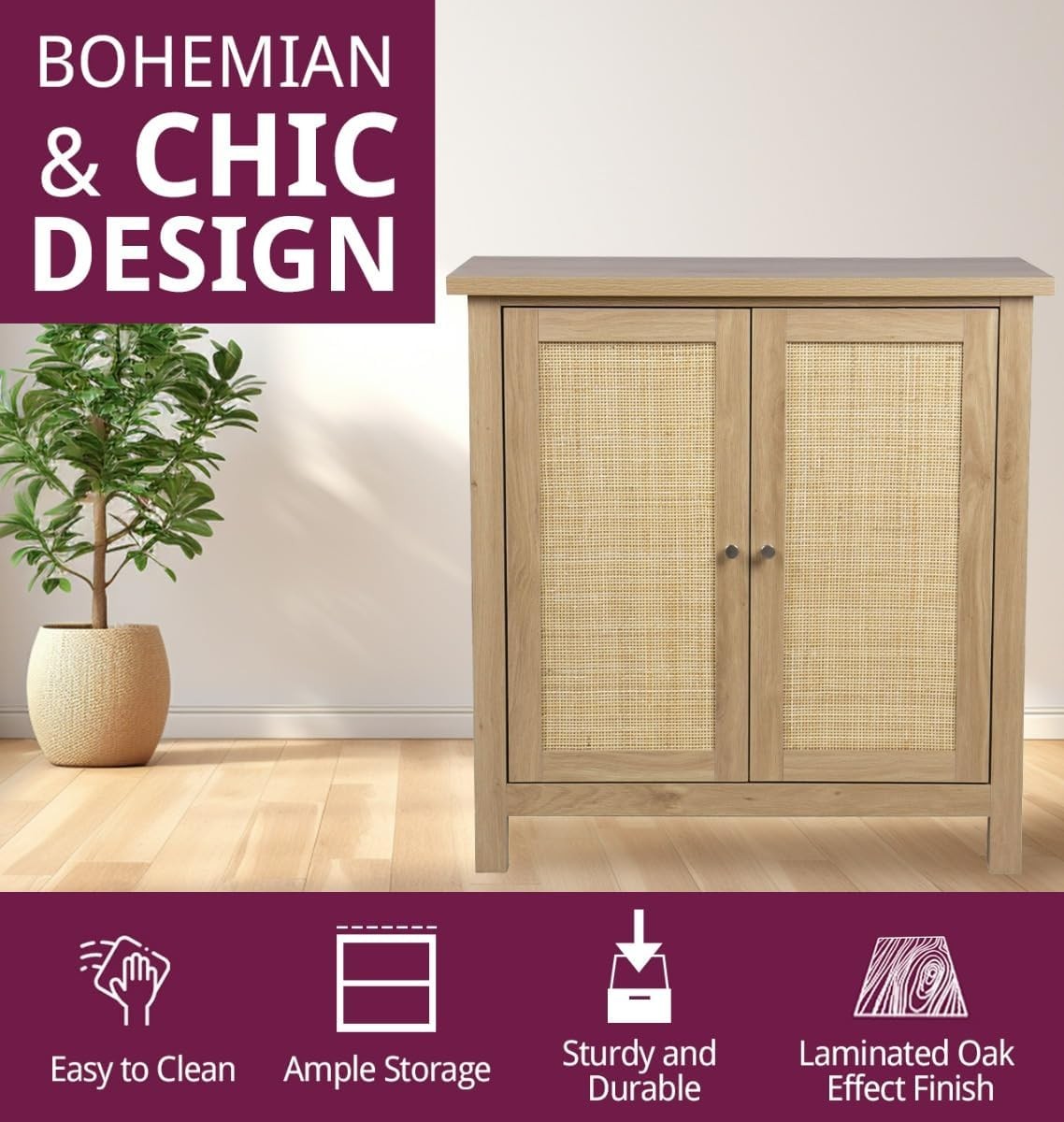 Oak Effect Small Cupboard with Rattan Doors 2 Tier Boho Storage Unit