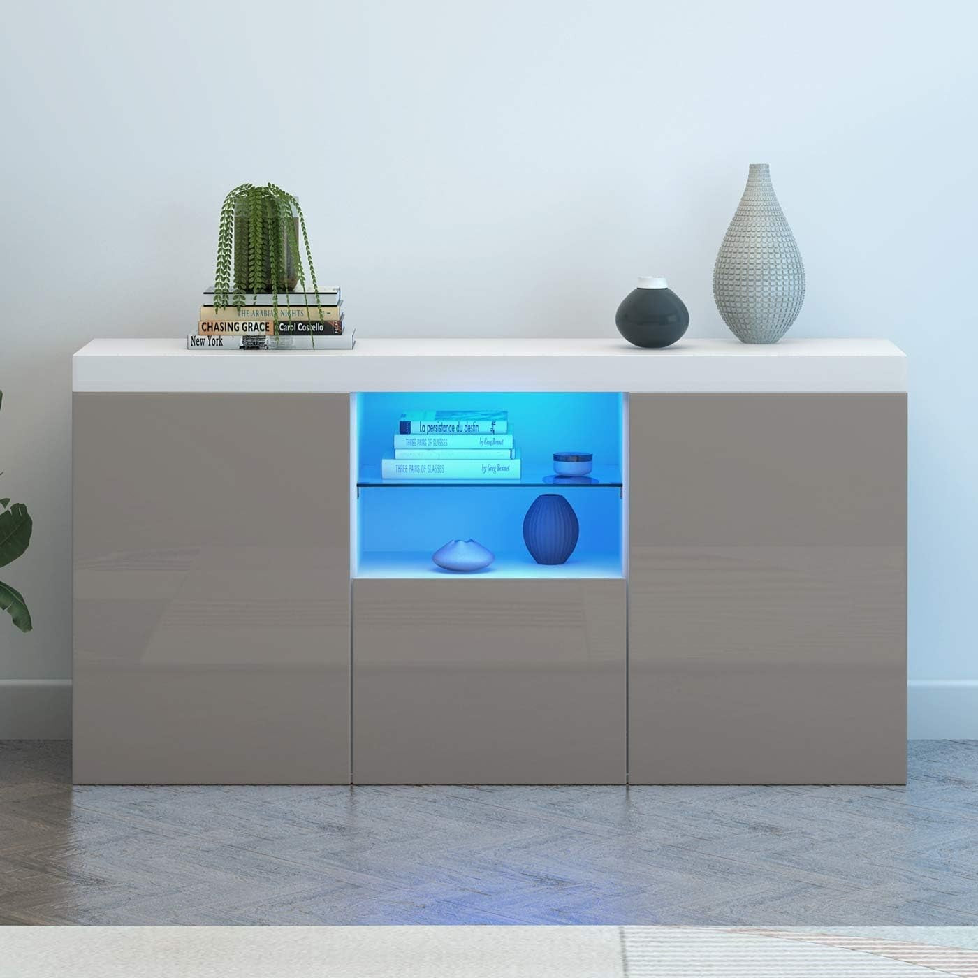 RGB LED TV Cabinet Grey Gloss Sideboard Unit 3 Door Storage 130cm Modern