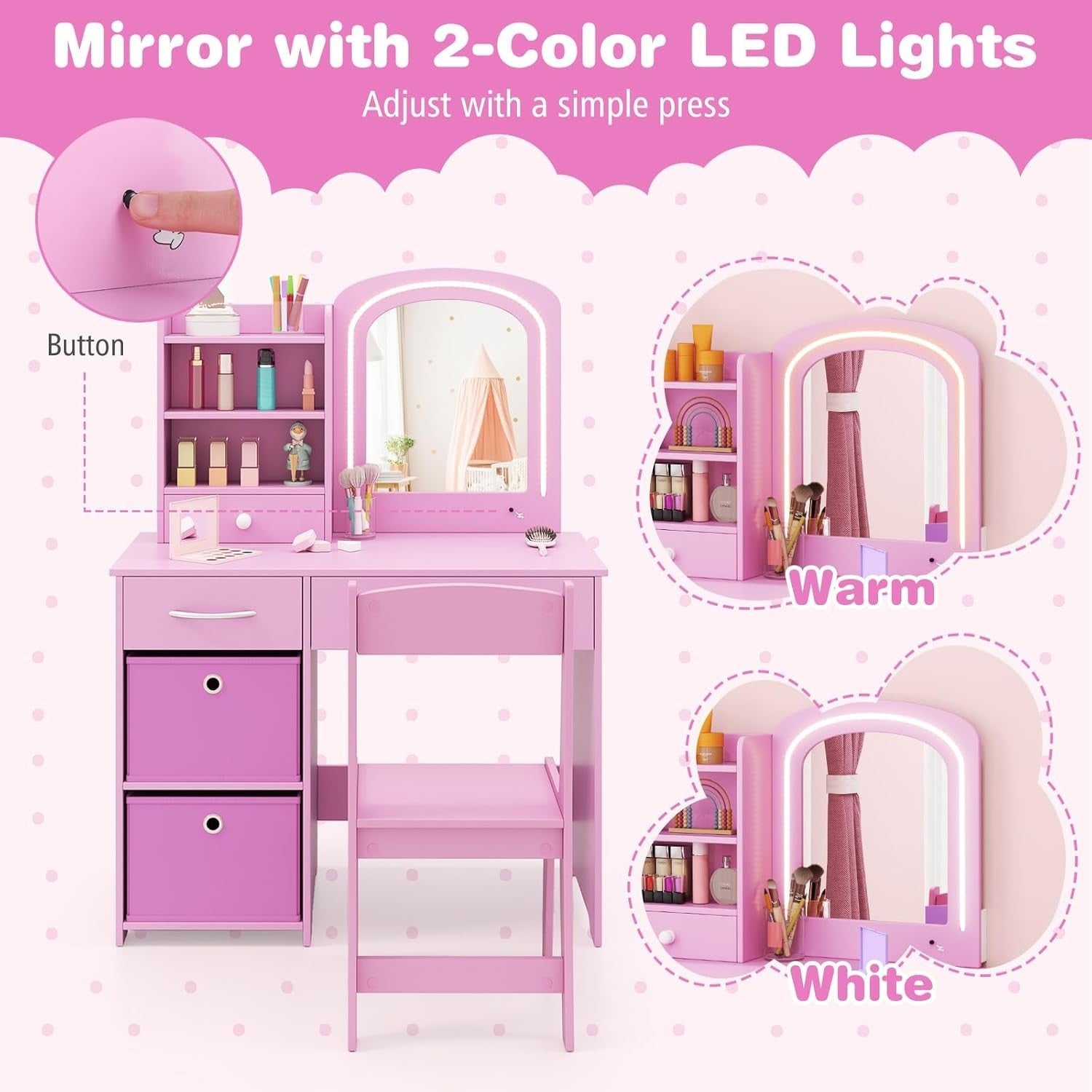 Kids Vanity Table Set with Mirror & Lights 3 Drawers Desk Storage Pink Children'