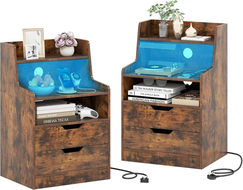 Rustic Brown LED Bedside Tables with Charging Station, Drawers & RGB Shelves (Se