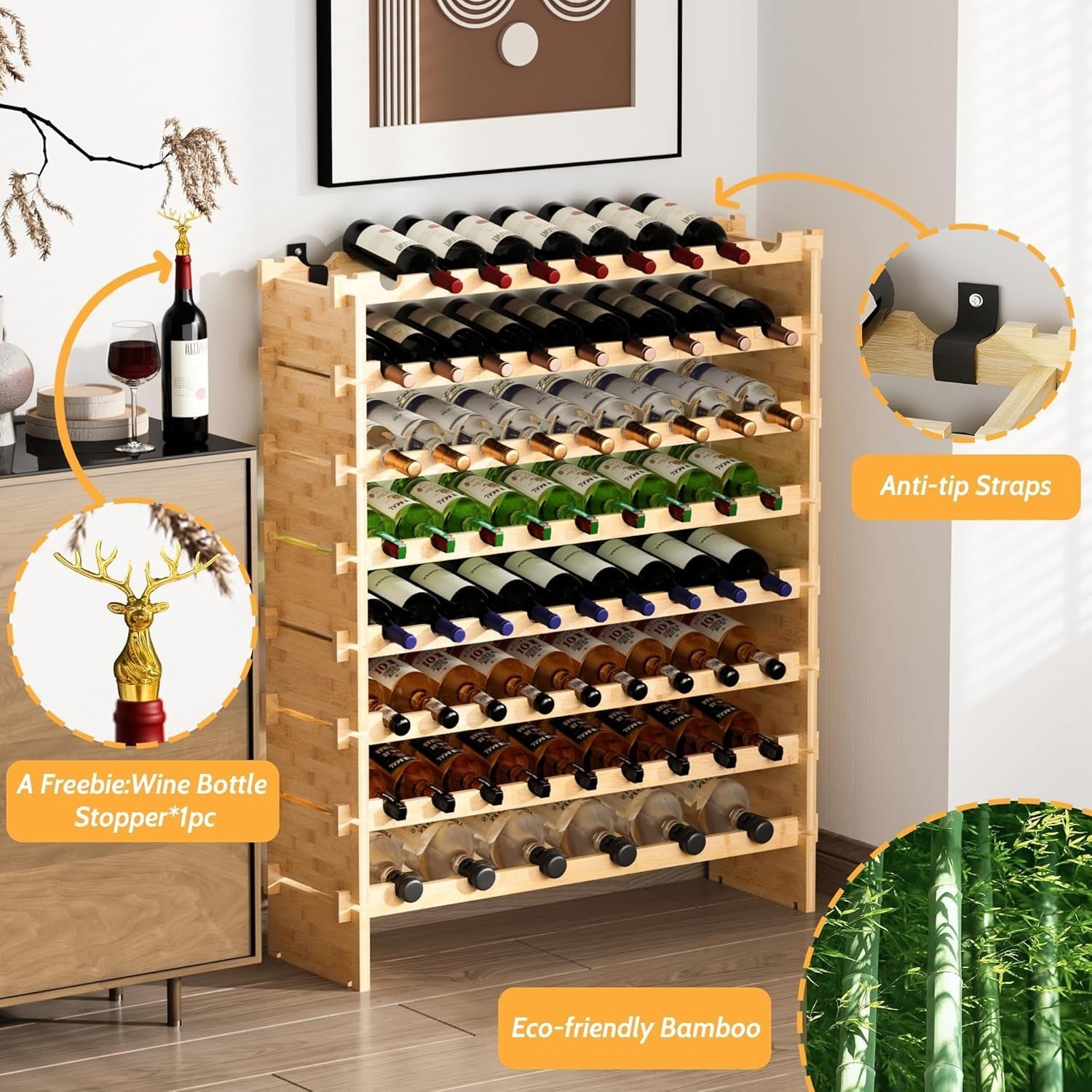69 Bottle Wine Rack Floor Standing Natural Bamboo 8-Tier Stackable Storage Shelf
