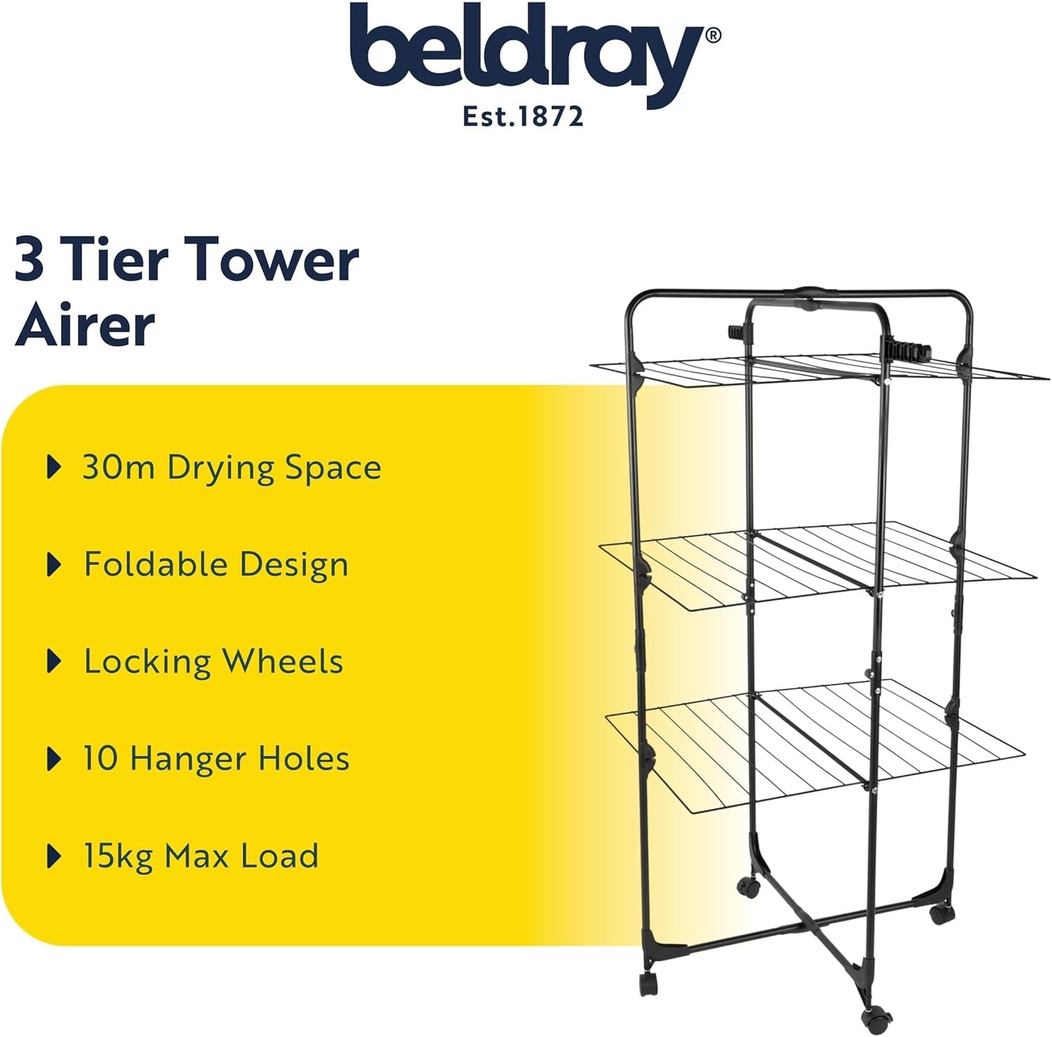 3 Tier Tower Laundry Drying Rack Folding Clothes Stand with Wheels Indoor