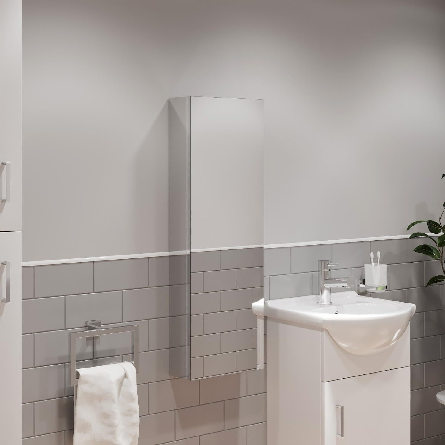 Bathroom Mirror Cabinet Wall Storage, Tall Slim Stainless Steel Unit 900mm