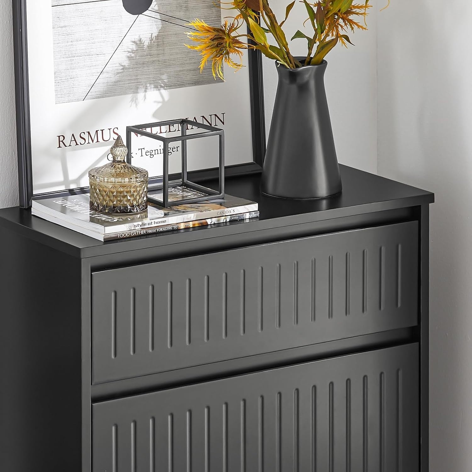 Slim Black Shoe Storage Cabinet 2 Flip + 1 Pull-Out Drawer, Space Saver