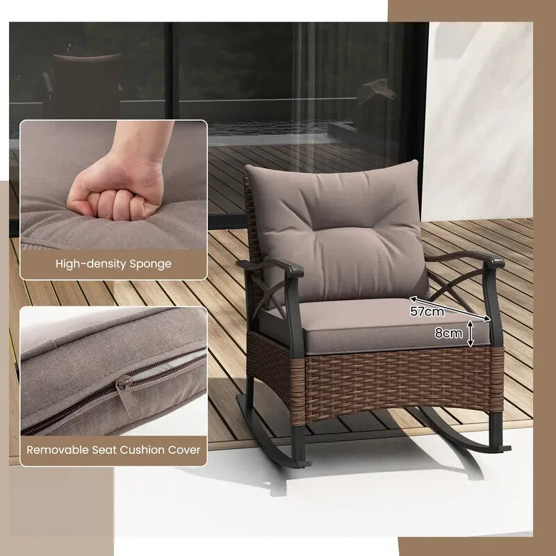 Patio Rattan Rocking Chair Set 3PC With Glass Top Coffee Table Cushions