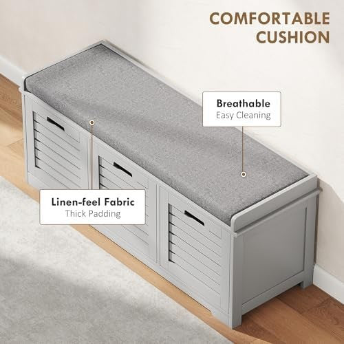 Grey Shoe Storage Bench with Cushion & 3 Drawers – Modern Hallway Seat