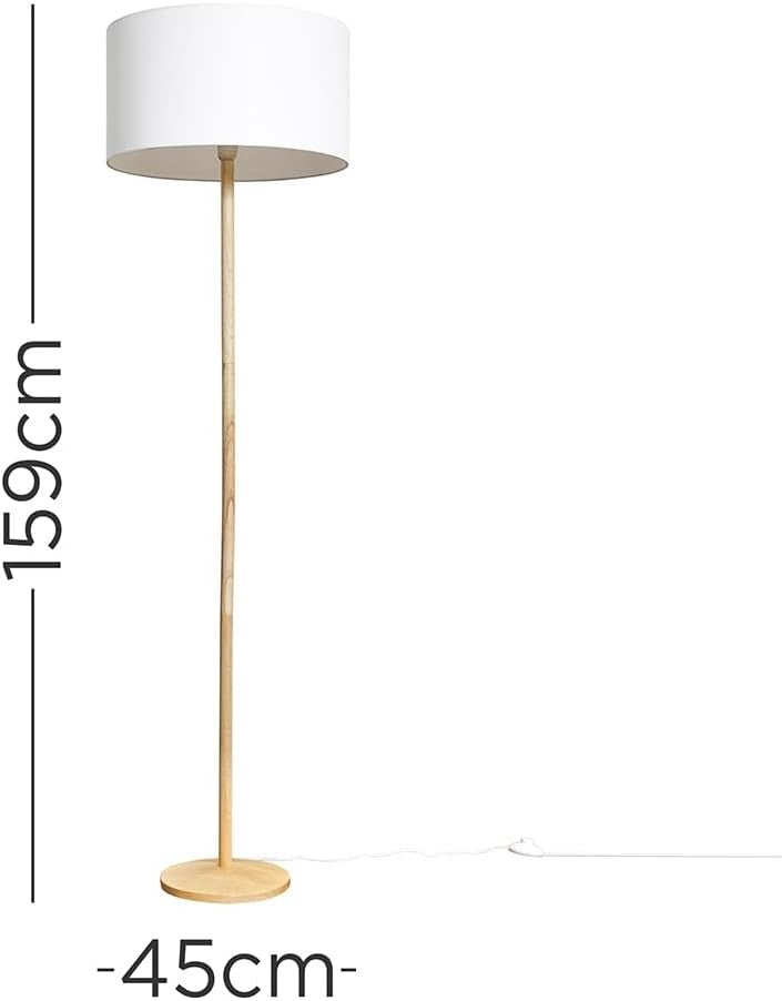Natural Wood Floor Lamp with White Drum Shade Modern Standing Light Home